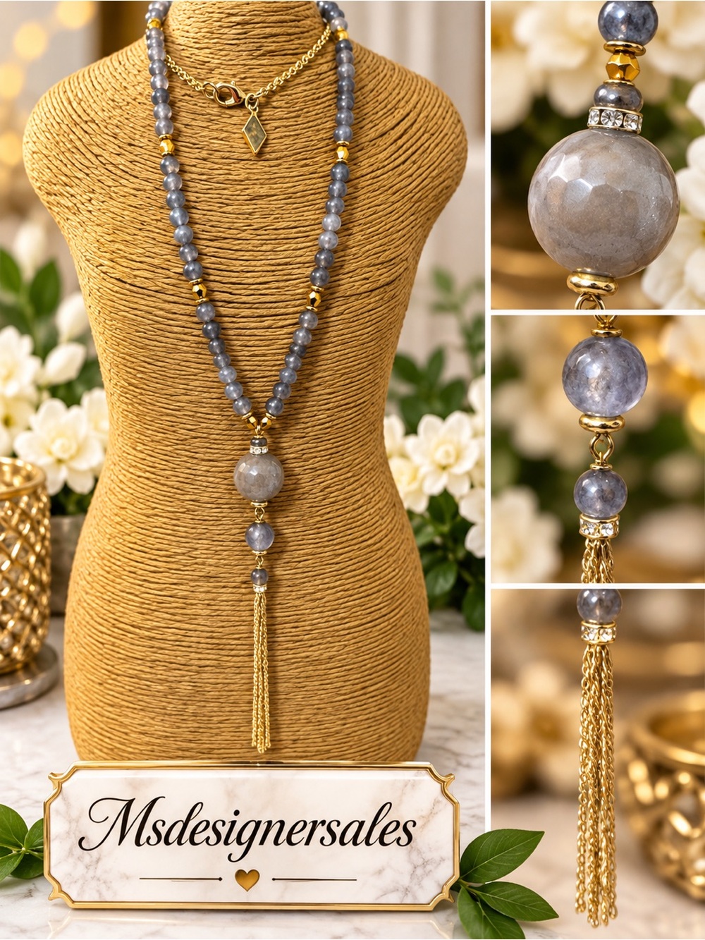 Gold & Gray Beaded Tassel Necklace - Elegant Women’s Jewelry